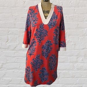 Lilly Pulitzer Blue Coral Pullover V-neck Knee Length 3/4 Sleeve Cotton Dress
